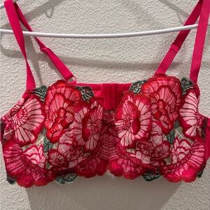 Adore Me Floral Lace Balconette Bra in Fuchsia with Green Accents